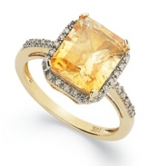 Make a sophisticated statement with this 10k gold ring. An emerald-cut citrine (2-1/2 ct. t.w.) is offset by diamonds (1/8 ct. t.w.) for a stunning effect.