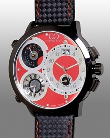 With a sophisticated red and polished stainless steel PVD dial, featuring three time zones, a date display and a temperature gauge, this watch keeps you cool--and in the know. With a sophisticated red and polished stainless steel PVD dial, featuring three time zones, a date display and a temperature gauge, this watch keeps you cool--and in the know.