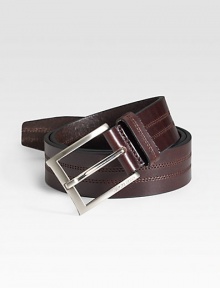 Rich calfskin leather is detailed with double stitching and a silvertone buckle. About 1½ wide Imported
