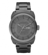 The modern man's trusty sidekick. Watch by Diesel crafted of gray ion-plated stainless steel bracelet and round case. Textured matte gray dial features numerals, stick indices, day and date window at three o'clock, three hands and logo. Quartz movement. Water resistant to 50 meters. Two-year limited warranty.