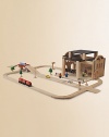 Made entirely from recycled materials, an unassuming wooden box transforms into a bustling train station. Includes road and rail tracks, train, train station, vehicles, figures, trees, traffic signs and lights For ages 4 and up About 17W X 11H X 15½D Keep dry Imported