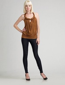 Figure-hugging stretch denim in an easy, pull-on style embellished with inner ankle zippers. Elastic waist Rise, about 8½ Inseam, about 31 Cotton/elastene; machine wash Made in USA Figure-hugging stretch denim in an easy, pull-on style embellished with inner ankle zippers. Elastic waist Rise, about 8½ Inseam, about 31 Cotton/elastene; machine wash Made in USA