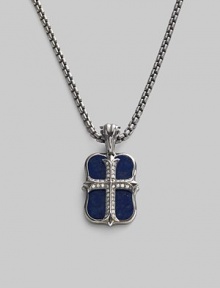 An original design pairs two sterling silver pendants on a single strand. The cross pendant is crafted with pavé diamond detail, and the larger features smooth lapis inlay. Sterling silver Pavé diamonds Lapis Pendant: 1 long Necklace: 24 long Lobster clasp closure Imported 