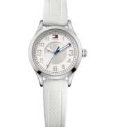 Lay it on thick. A layered dial adds an unexpected element to this crisp watch by Tommy Hilfiger. White textured silicone strap and round stainless steel case. Double-layered white and silver tone dial features cut-out numerals, black minute track, flag logo at twelve o'clock and three hands with blue accents. Quartz movement. Water resistant to 30 meters. Ten-year limited warranty.