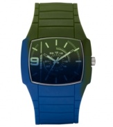 The shy need not apply. Flaunt your adventurous side with this bold watch by Diesel. Blue and green silicone-wrapped stainless steel bracelet and square case. Black dial covered with faded blue and green crystal features applied stick indices, numeral at nine o'clock, three hands and logo. Quartz movement. Water resistant to 30 meters. Two-year limited warranty.