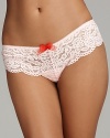 An exceptionally pretty tanga with intricate floral lace and a large sheer mesh bow at front.