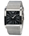 Update your classic look with this stylish watch by Emporio Armani. Stainless steel mesh bracelet and square case. Black dial with silvertone Roman numerals and logo, Quartz movement. Water resistant to 30 meters. Two-year limited warranty.