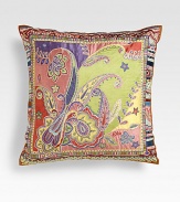 Kaleidoscopic swirls of paisley-style color on fine silk. Fringed edges18 squareSilk with polyfillDry cleanMade in Italy