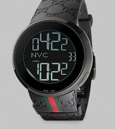 From the I-Gucci Collection. For jet setters and net surfers, a smart, sporty timepiece that lets you track two time zones at once, displaying them with digital grace. Swiss digital movement 44mm black PVD case Black embossed logo strap with signature color band Black dial with digital display, including date Water-resistant to 3ATM Imported