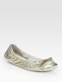 Cap toe metallic leather flat with bow and logo detail. Metallic leather upperLeather liningRubber solePadded insoleImportedOUR FIT MODEL RECOMMENDS ordering true size. Cap toe metallic leather flat with bow and logo detail. Metallic leather upperLeather liningRubber solePadded insoleImportedOUR FIT MODEL RECOMMENDS ordering true size.