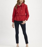 A chic jacket with drawstring and zipper details and a sleek finish. Zip-up funnel neckFront zipperElasticized cuffs on long sleevesZip pocketsAbout 22 from shoulder to hemFully linedPolyesterDry cleanImported