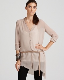 New-season femininity meets exceptional luxury in this sheer Helmet Lang shirt with a deconstructed, asymmetric hem. Wear it belted with streamlined ponte leggings. New-season femininity meets exceptional luxury in this sheer Helmet Lang shirt with a deconstructed, asymmetric hem. Wear it belted with streamlined ponte leggings.