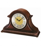 This handsome clock from Seiko offers timeless charm, while keeping you on time. Solid oak case with hand-rubbed finish. Crystal-encased round metal dial features brass bezel, engraved vine pattern on silvertone metal, applied numeral indices, Westminster/Whittington quarter-hour chime, hourly strikes, volume control with nighttime chime silencer and logo. Battery included. Measures approximately 10-1/2 x 16-1/2 x 5.