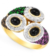 Make a vibrant splash with this ring from Le Vian. Round-cut onyx (1-3/8 ct. t.w.) is offset by round-cut white diamonds (1/5 ct. t.w.) for a stunning effect. Round-cut chocolate diamonds (1/5 ct. t.w.), pink sapphires (3/8 ct. t.w.) and tsavorite (1/4 ct. t.w.) only enhance the appeal. Ring set in 14k gold. Size 7.