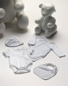 Style starts early with this soft cotton quartet, including two bodysuits, a bib and cap.Short sleeve bodysuit with embroidered teddy bear, snap shoulder and bottom snaps Long sleeve double-G print bodysuit with side and bottom snaps Double-G print bib with back snap closure Double-G print cap with contrast cuff Cotton; machine wash Made in Italy