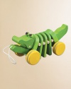 This adorable alligator dances and makes rhythmical click-clack sounds when pulled around.3.7W X 9.7H X 3.9DAbout 1.46lbsRubberwoodWipe with damp clothRecommended for 19 months and upImported