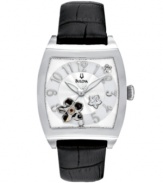 Floral accents lend femininity to this handsome watch by Bulova.