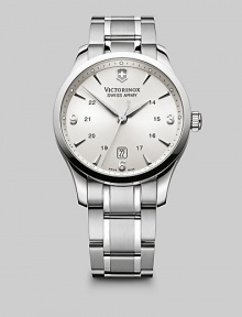 An elegant timepiece designed in polished stainless steel with a silver dial and renowned quartz precision. Round bezel Quartz movement Water resistant to 3 ATM Date function at 6 o'clock Second hand Stainless steel case: 45mm (1.77) Stainless steel bracelet: 28mm (1) Deployment clasp Imported 