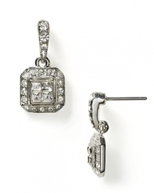 Small pavé square drop earrings will add a spectacular flash to your special dress at your next event. Small pavé square drop earrings will add a spectacular flash to your special dress at your next event.