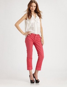 Brightly-hued denim, cuffed and cropped in a relaxed straight-leg silhouette.THE FITNatural fitRise, about 9Inseam, about 26THE DETAILSZip flyFive-pocket styleBack patch pockets97% cotton/3% LycraMachine washMade in USA of imported fabricModel shown is 5'10 (177cm) wearing US size 4. Brightly-hued denim, cuffed and cropped in a relaxed straight-leg silhouette.THE FITNatural fitRise, about 9Inseam, about 26THE DETAILSZip flyFive-pocket styleBack patch pockets97% cotton/3% LycraMachine washMade in USA of imported fabricModel shown is 5'10 (177cm) wearing US size 4.