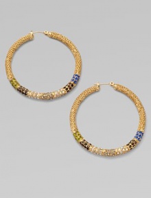 Richly textured hoops set with a stunning spectrum of colored glass stones.GlassBrassDiameter, about 1¾Post backImported