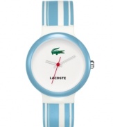 Flash those baby blues with this men's and women's creation from Lacoste. Goa watch crafted of blue and white stripe silicone strap and round plastic case. White dial features iconic crocodile logo at twelve o'clock, printed text logo at six o'clock and three hands. Quartz movement. Water resistant to 30 meters. Two-year limited warranty.