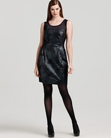 A sheer neckline shows off the décolleté, while alluring metallic snake print lends an exotic feel to this fête-ready DKNYC dress. A sheer neckline shows off the décolleté, while alluring metallic snake print lends an exotic feel to this fête-ready DKNYC dress.