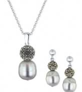 Gorgeous in gray. This necklace and earrings set is crafted in sterling silver with cultured freshwater pearls (9-11 mm) and crystals coming together for a captivating look. Approximate length: 18 inches. Approximate drop: 7/8 inch. Approximate drop, earrings: 3/4 inch.