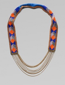 Colorful glass beads in striking geometric shapes cover a leather strap, edged in bold chains with delicate chains draped at the bottom.GlassLeatherGoldtoneCotton backingLength, about 18½Imported