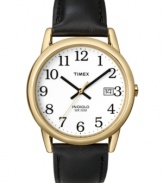 Rely on standby style. This Timex watch features a black leather strap and round goldtone mixed metal case. White dial with logo, date window and black numerals. Analog movement. Water resistant to 30 meters. One-year limited warranty.