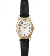 A timeless, easy-to-read design by Timex. Watch crafted of black leather strap and oval-shaped gold tone mixed metal case. White dial features black numerals at markers, three gold tone hands, and logo. Quartz movement. One-year limited warranty.
