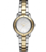 From corporate to casual, this watch by DKNY is always classic. Two-tone stainless steel bracelet and round case with gold tone bezel embellished by crystal accents. Sleek mother-of-pearl dial features gold tone stick indices, three hands and logo. Quartz movement. Water resistant to 30 meters. Two-year limited warranty.