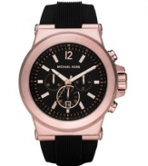 Bright rose-gold tone metal makes an impact against this black-on-black watch by Michael Kors.