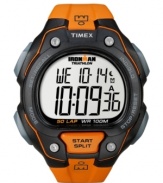 On your mark, get set, go. Sport watch by Timex crafted of orange resin strap and round black plastic case. Positive digital display dial features time, day, date and Indiglo night light. Quartz movement. Water resistant to 100 meters. One-year limited warranty.