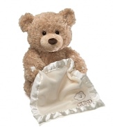 Peek a Boo Bear is holding a soft blanket with a satin trim. Press bear's foot to play a game of Peek a Boo. The Bear's arm will move up and down bringing the blankets with him to cover and expose his eyes.