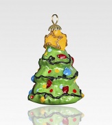 Hang this lovely tree upon your tree and enjoy its mouth-blown, hand-painted elegance, completed by a glittering gold star on top.Glass1.75H X 1.25 diam.Imported