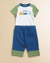 Get your little one moving in this handsome three-piece set with automobile printed bodysuit, matching pants and hat.Crewneck with shoulder snapsShort sleevesBottom snapsElastic waistbandElastic waistbandCottonMachine washImported Please note: Number of snaps may vary depending on size ordered. 