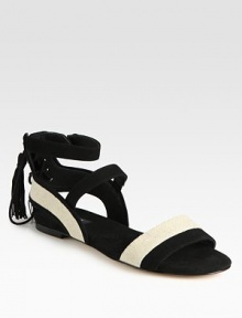 Contrasting suede and linen straps with an edgy lace-up back and oversized tassels. Suede and linen upperSuede liningLeather solePadded insoleImportedOUR FIT MODEL RECOMMENDS ordering true size. 