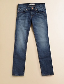 Gently faded slim leg jeans are comfortable stretch denim with whiskered details.Front zip and button closure Belt loops Classic five pocket style 92% cotton/7% polyester/1% spandex Machine wash Made in USA Gently faded slim leg jeans are comfortable stretch denim with whiskered details.Front zip and button closure Belt loops Classic five pocket style 92% cotton/7% polyester/1% spandex Machine wash Made in USA