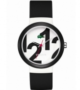 As bold as the world of Lacoste. This unisex Goa watch is crafted of black silicone strap and round white plastic case with a black bezel. White dial features oversized printed black numerals, cut-out hour and minute hand, red second hand, and iconic crocodile logo at twelve o'clock. Quartz movement. Water resistant to 30 meters. Two-year limited warranty.