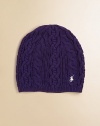 A cable-knit hat is rendered in a cool slouchy silhouette.Solid rubbed brimCottonMachine washImported