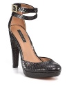 Sinuous, snake-embossed leather wraps twice around the ankle and slips down over the platform heel--the ultimate in glamour from Rachel Zoe.