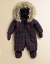 Adorable check-covered suit with detachable faux-fur trimmed hood, gloves and booties.Front snaps at hood Front zipper closure Front snap pockets Snap-off glove and bootie Polyester with polyester fill Machine wash Imported