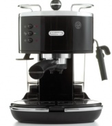 All about espresso. The De'Longhi Icona espresso machine brings cafe-style brewing to your countertop, delivering captivating flavor at the push of a button. Enjoy more option with a 2-in-1 filter holder that lets you brew from fresh grounds or ESE coffee pods. One-year warranty. Model ECO310BK.