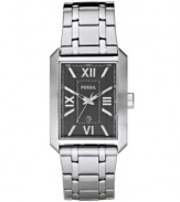 Accentuate your sophistication with this timeless dress watch from Fossil. Stainless steel bracelet and rectangular case. Textured black dial features silvertone stick indices, Roman numerals at twelve, three, six and nine o'clock, date window, luminous hands and logo. Quartz movement. Water resistant to 50 meters. Eleven-year limited warranty.
