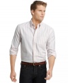 Fine stripes and a peached finish for a soft, shiny luster give this shirt a style that stands out from the crowd.