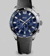 A dynamic sport watch, the Deep Blue collection uses all the codes of a diving inspired watch. This watch also features all the functions of a genuine chronograph with a rotating bezel with 15 minutes diving security highlighted with luminova. The unique integrated rubber coated leather strap ensures comfort and durability.Chronograph movementRound bezelWater resistant to 10ATMSecond handStainless steel case: 44mm(1.73)Rubber coated strap braceletImported