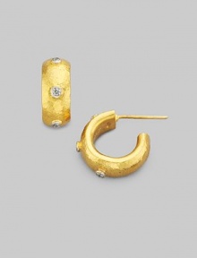 A sparkling constellation of delicate diamonds orbits around hoop earrings of hammered 24 kt. yellow gold. Diamonds, 0.24 tcw 24 kt. yellow gold Diameter, about ½ Post back Imported