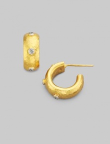 A sparkling constellation of delicate diamonds orbits around hoop earrings of hammered 24 kt. yellow gold. Diamonds, 0.24 tcw 24 kt. yellow gold Diameter, about ½ Post back Imported A sparkling constellation of delicate diamonds orbits around hoop earrings of hammered 24 kt. yellow gold. Diamonds, 0.24 tcw 24 kt. yellow gold Diameter, about ½ Post back Imported