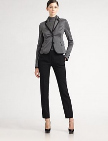 Tailored trousers are finished with a smooth, flat front.Hook-and-bar and front zip closure Belt loops Creases down center front of legs Darts at back waist Insem, about 30 99% wool/1% nylon Dry clean Made in Switzerland Tailored trousers are finished with a smooth, flat front.Hook-and-bar and front zip closure Belt loops Creases down center front of legs Darts at back waist Insem, about 30 99% wool/1% nylon Dry clean Made in Switzerland